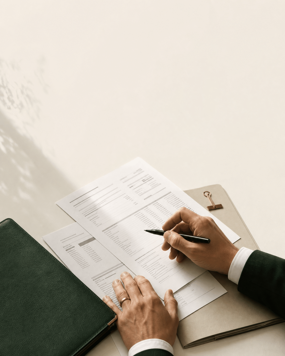 Mesa de trabalho com documentos - Domingues Advogados